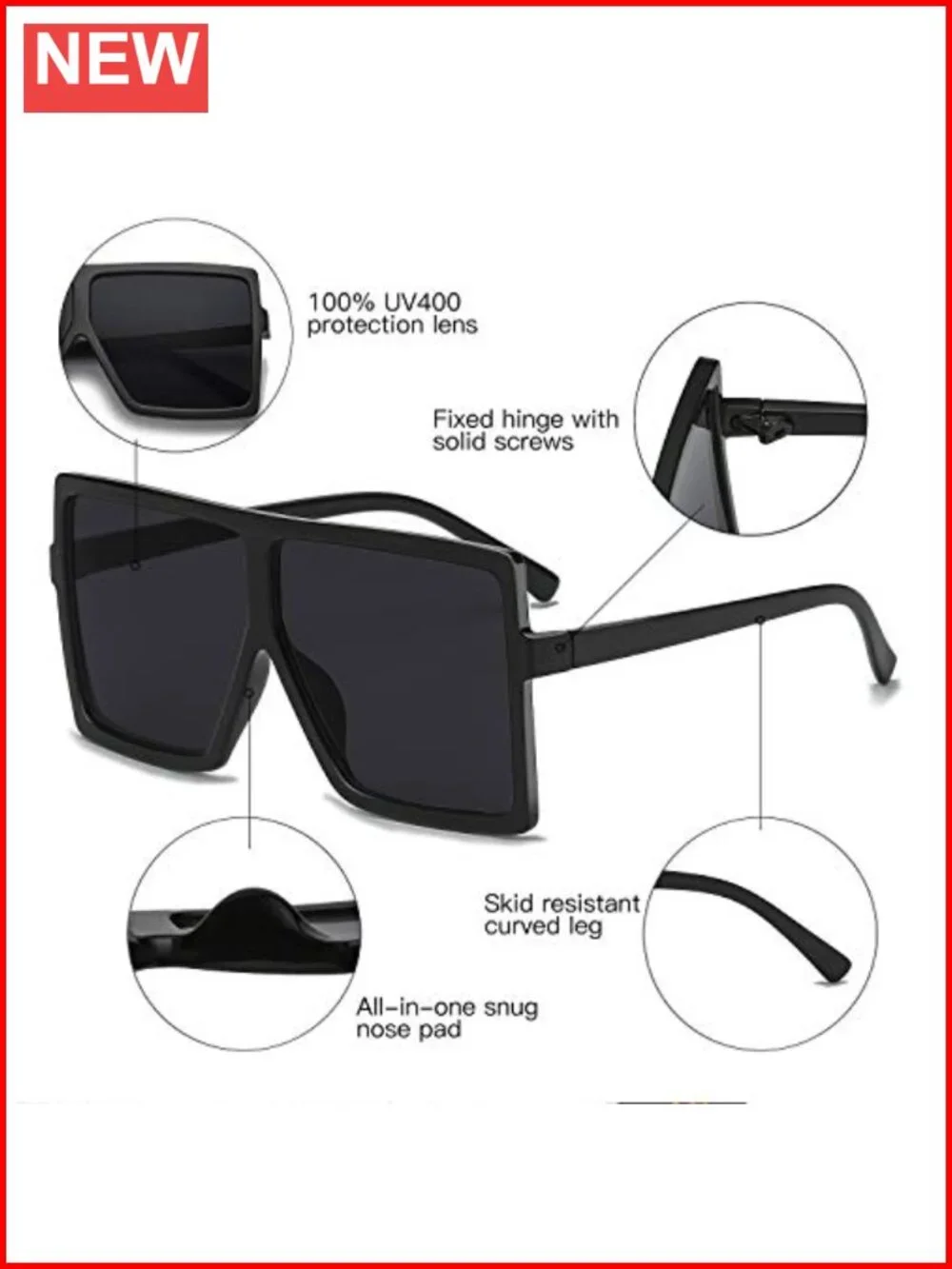 Oversized Square Sunglasses UV400 Protection Lightweight Polycarbonate Unisex